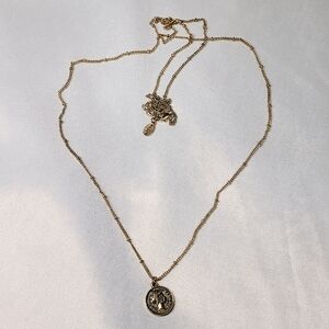 ALDO Gold Tone Necklace with Cleopatra Greek Medallion on Extra Long Chain